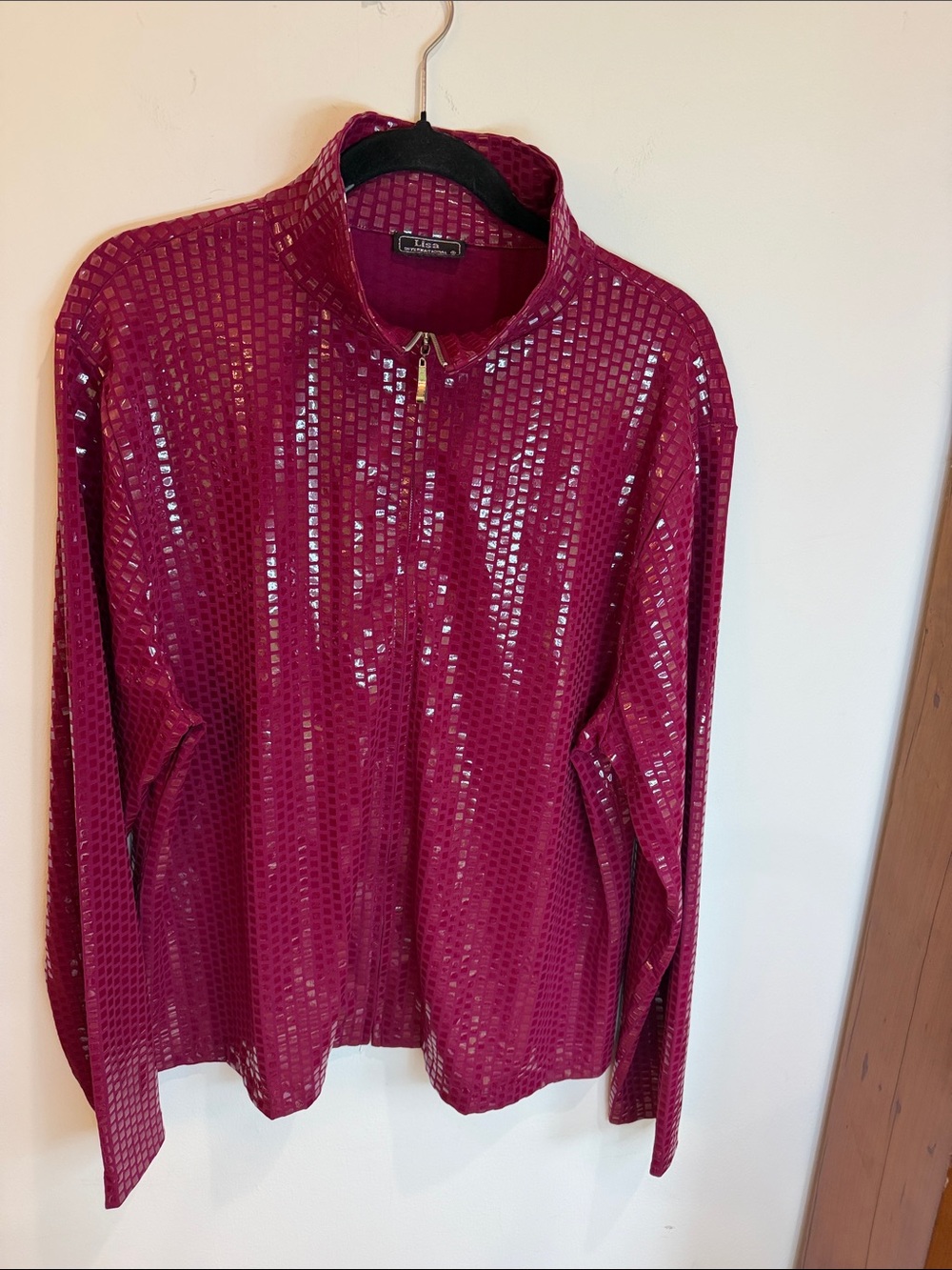 Lisa International Pink Clear Sequin Geometric Zip Jacket, Plus Size